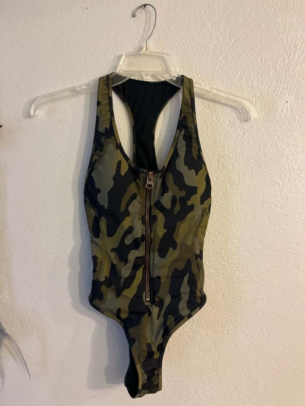Smart & Sexy Camo Racerback Zip-Front One Piece Swimsuit - Picture 2 of 5